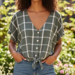 Olive green and white crop top blouse